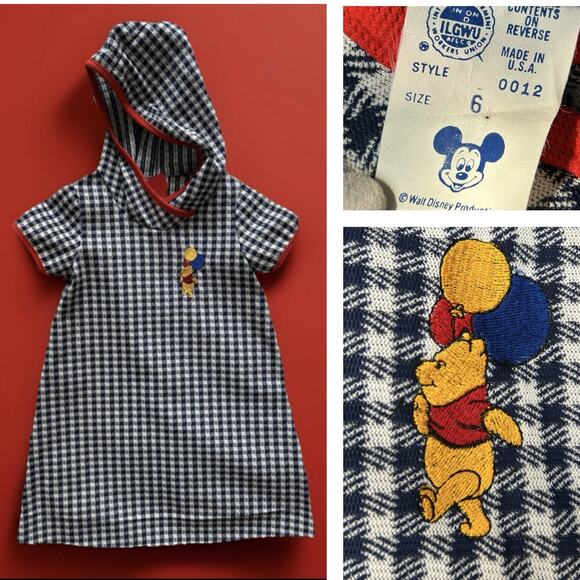 Vintage Winnie the Pooh Girls Dress Size 6 Hooded Houndstooth Disney ILGWU USA - Picture 1 of 15